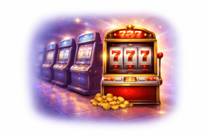 Slot machine at the end of a row highlighted with glowing 777 symbols and coins - Slotimo blog