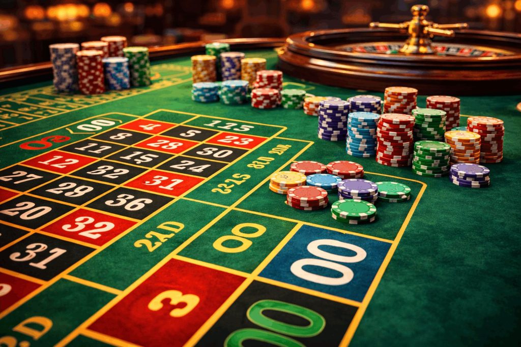 American roulette table with chips placed on betting layout including 0 and 00 sections - Slotimo blog