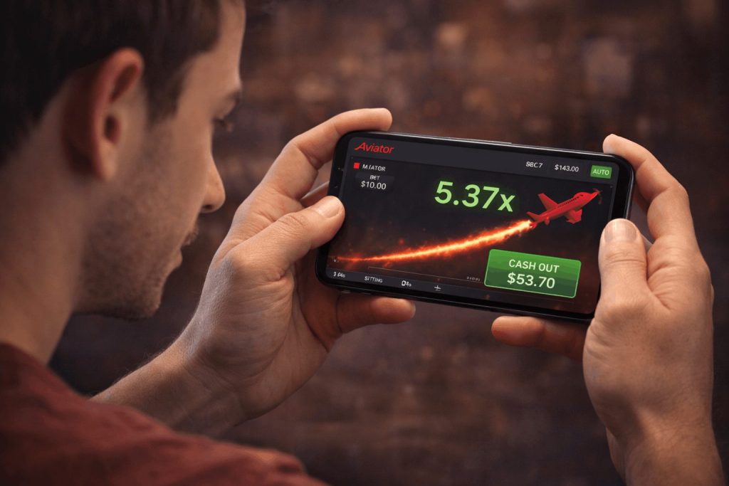 Person holding a smartphone and calmly playing Aviator, watching the rising multiplier and deciding when to cash out while managing risk - Slotimo blog