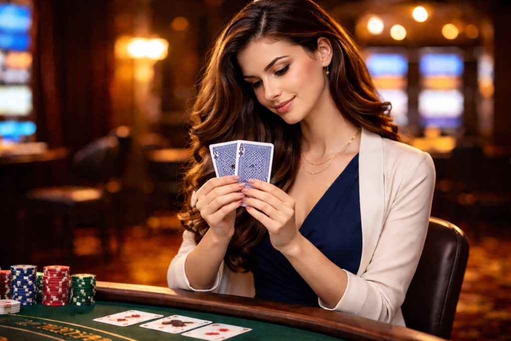 Woman holding blackjack cards at casino table