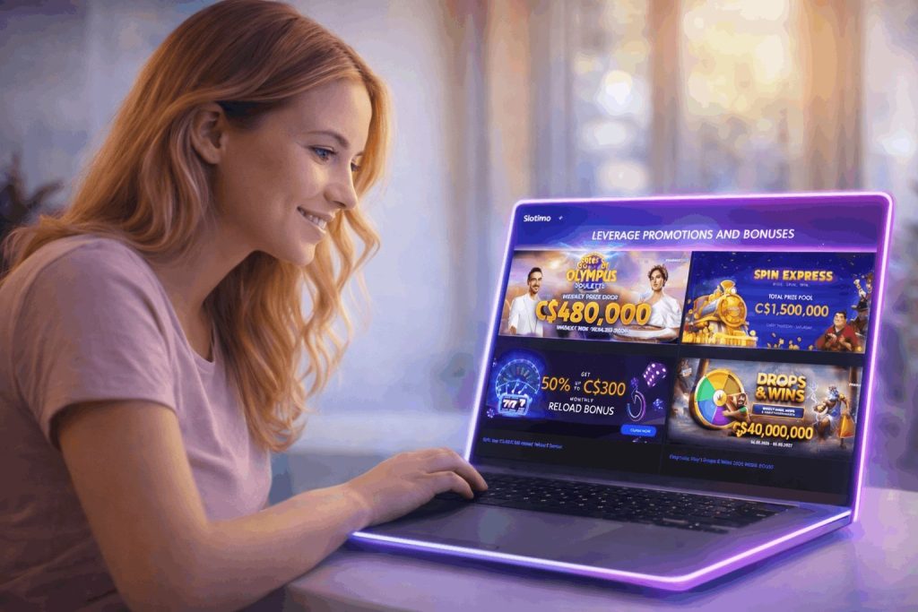 Woman using a laptop with Slotimo casino promotions on screen for slot gameplay
