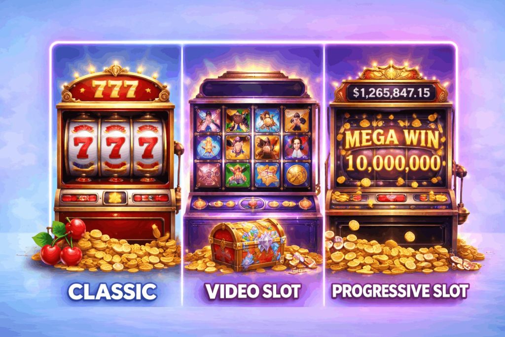 Three types of slot machines illustration showing classic 3-reel slot, modern video slot with multiple symbols, and progressive jackpot slot - Slotimo blog