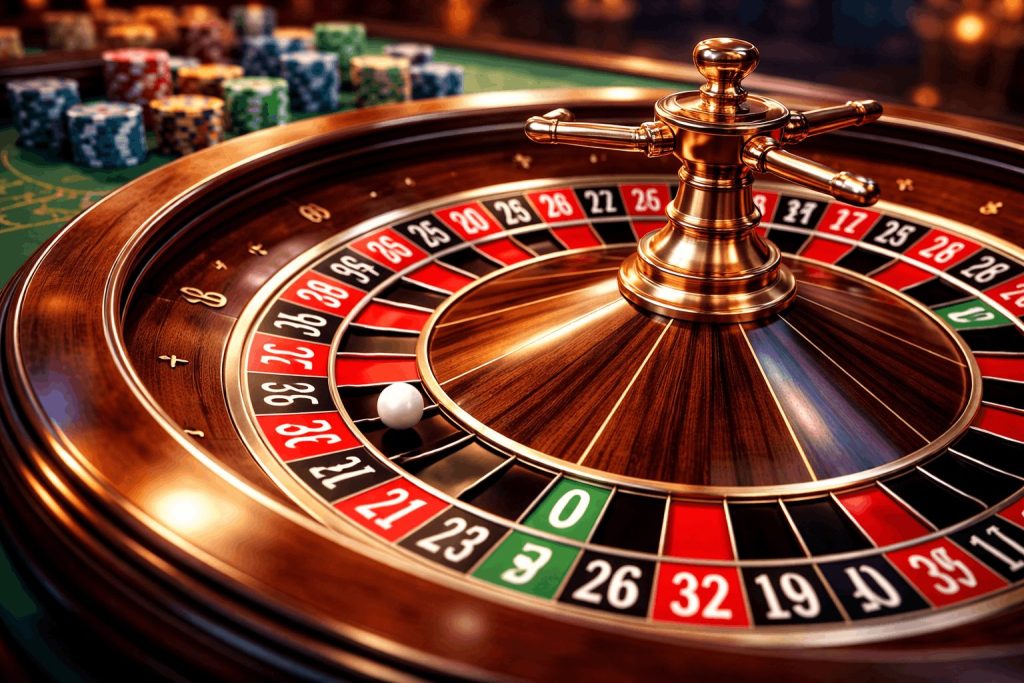 European roulette wheel close-up with spinning ball and single zero pocket in casino setting - Slotimo blog