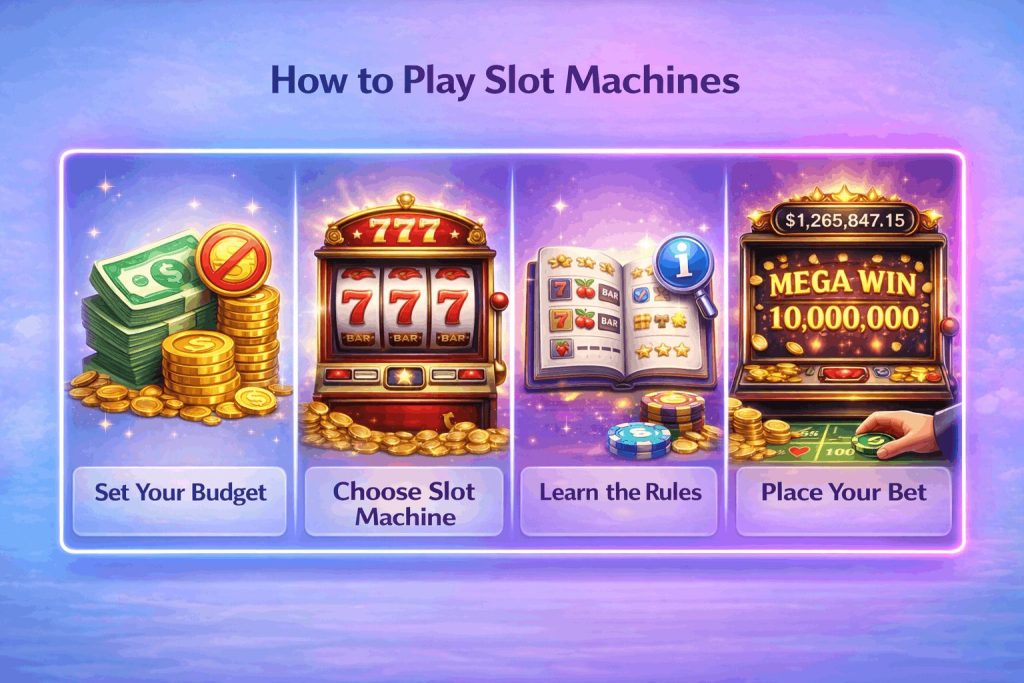 Step-by-step slot machine guide icons showing budget planning, choosing a slot, learning game rules, and placing a bet - Slotimo blog