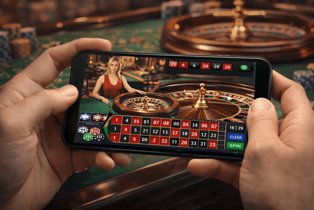 smartphone with a live roulette game on screen, showing a dealer, spinning wheel, and betting interface in a casino setting - Slotimo blog