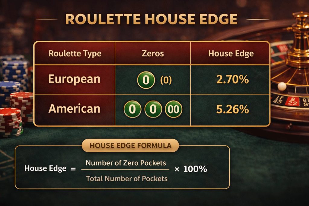 Roulette house edge comparison infographic showing European (2.70%) and American (5.26%) with formula for calculating house advantage - Slotimo blog