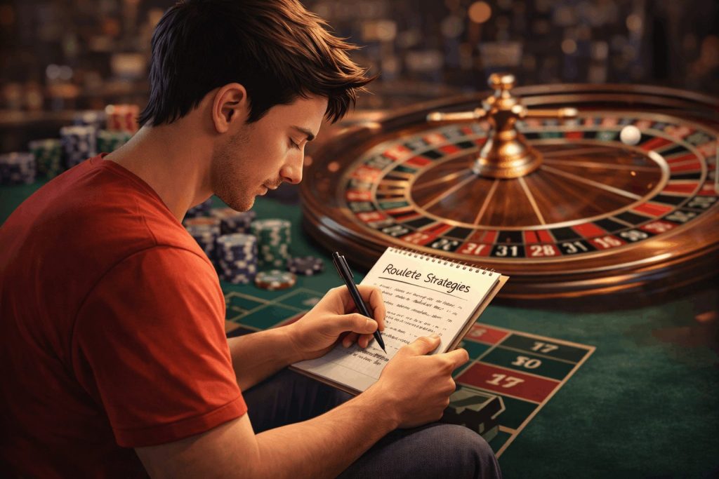 Man writing roulette strategies in a notebook at a casino table - Slotimo blog