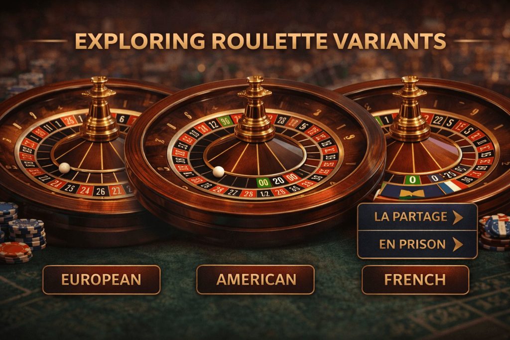 Casino style image showing European, American, and French roulette wheels side by side - Slotimo blog