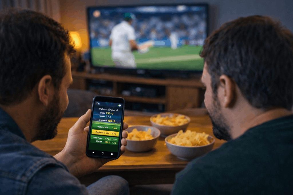Friends watching cricket on TV and checking live betting odds