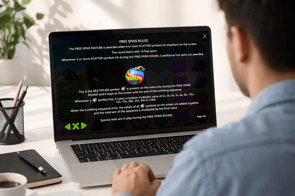 Sweet Bonanza free spins rules displayed on a laptop screen with a user viewing bonus mechanics