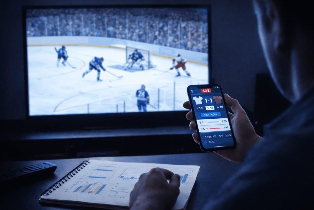 Live ice hockey betting with odds on smartphone while watching match