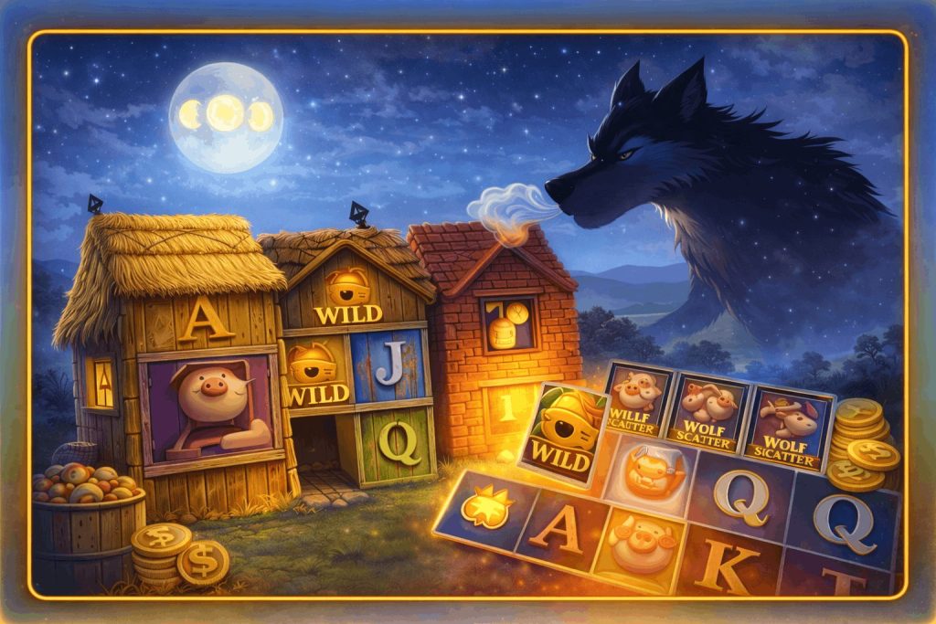 Atmospheric illustration of Big Bad Wolf slot theme with straw, wood and brick houses, slot symbols.