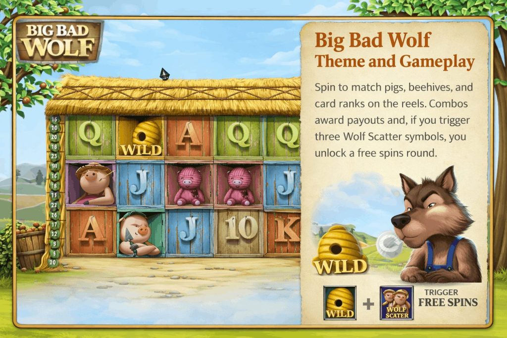 Big Bad Wolf slot gameplay screen with pigs, wild beehive symbol and scatter feature explanation for free spins