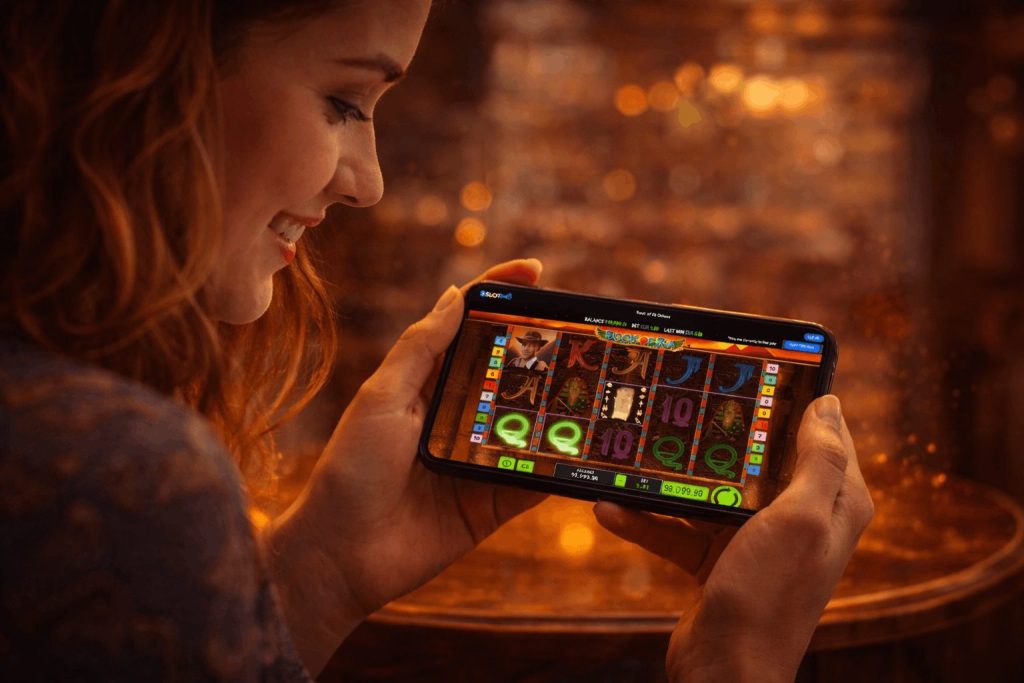 Woman holding a smartphone and playing the Slotimo Book of Ra Deluxe slot,