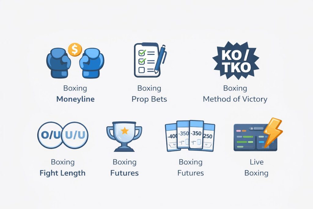 Boxing betting icon: moneyline, prop bets, method of victory, fight length, futures, and live betting
