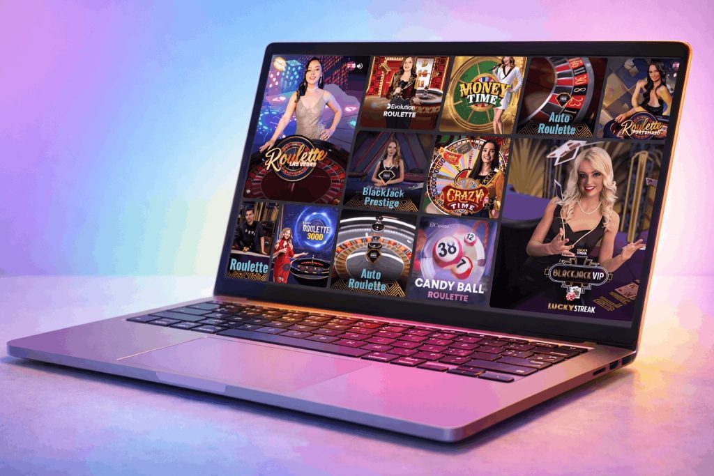 Laptop displaying live casino games at Slotimo with roulette, blackjack, and game show interfaces 