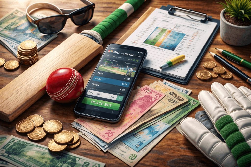 Cricket betting concept with bat ball smartphone odds and betting notes - Slotimo blog