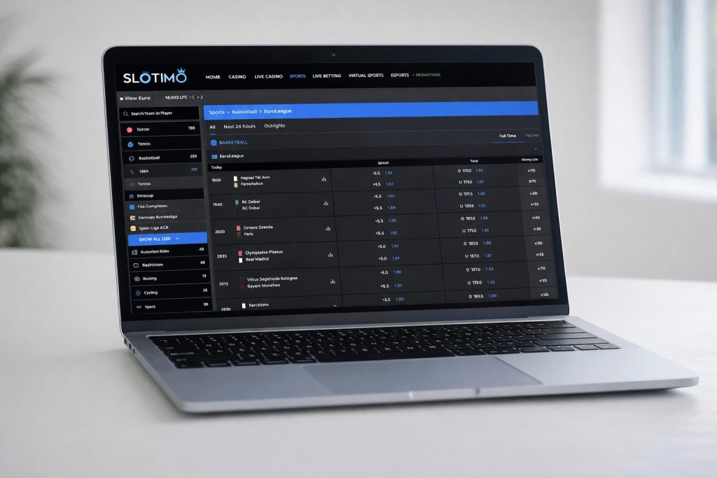 Slotimo EuroLeague betting odds displayed on a laptop 