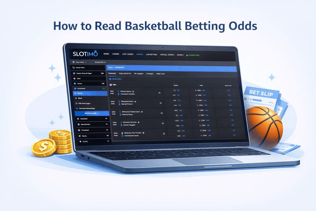 Slotimo Basketball betting odds interface on laptop