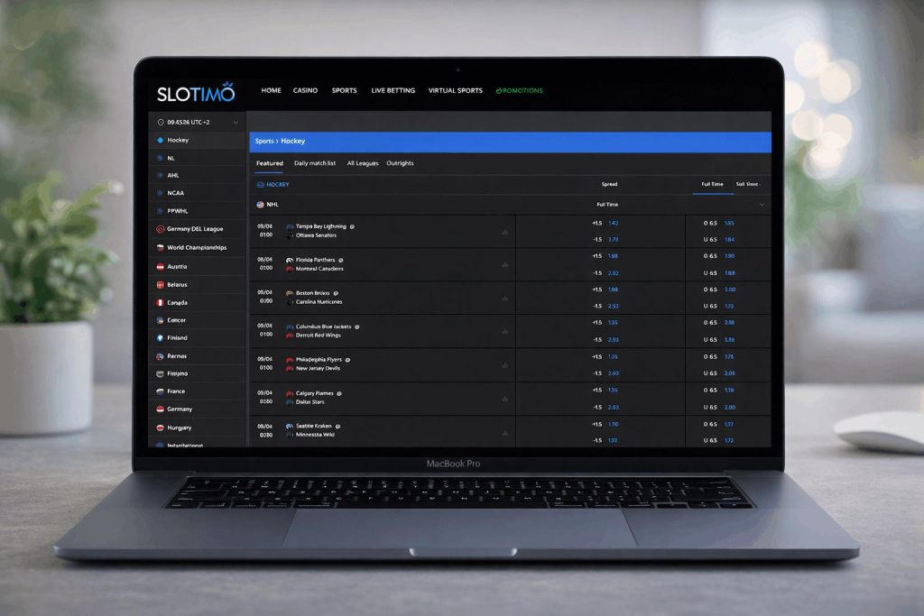 Ice hockey betting odds displayed on Slotimo sportsbook interface on laptop