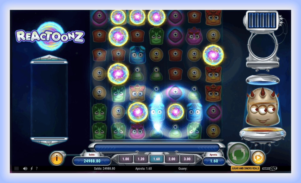Reactoonz slot gameplay screen with glowing energy spheres and cluster effects 