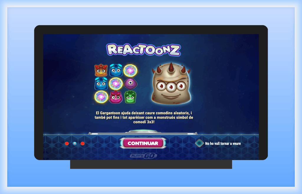 Reactoonz slot interface displayed on a laptop screen with a soft blue gradient