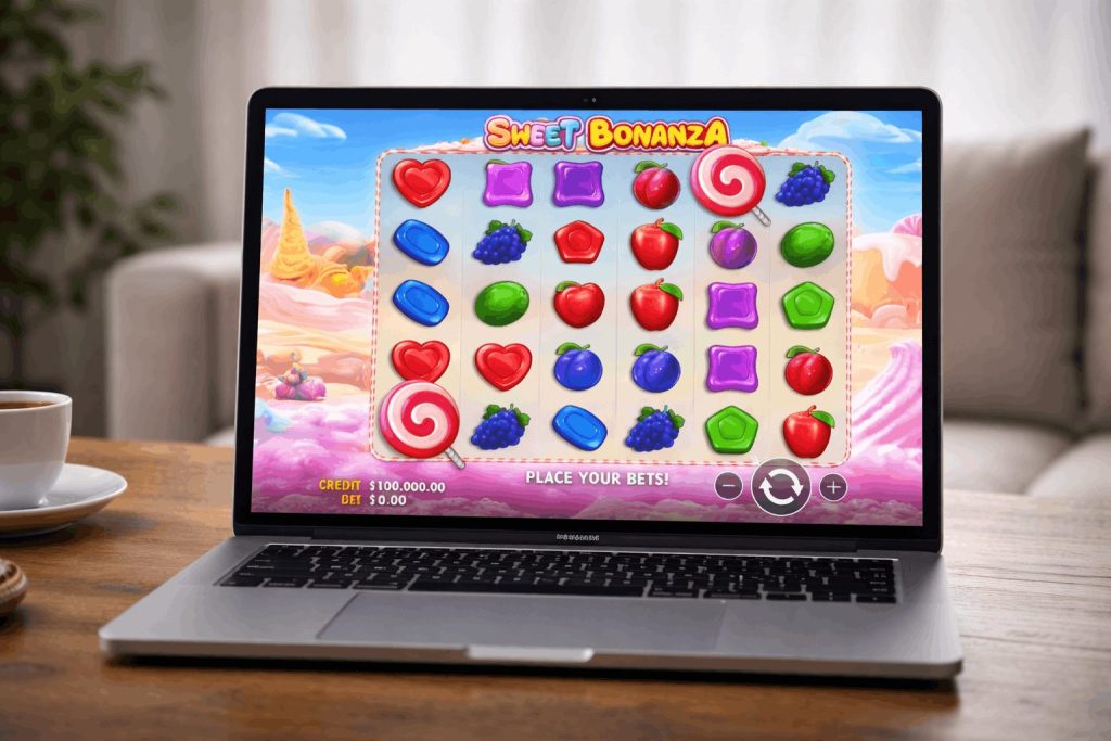 Sweet Bonanza slot game displayed on a laptop screen