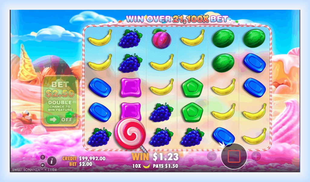 Sweet Bonanza slot gameplay screen with candy symbols and win result