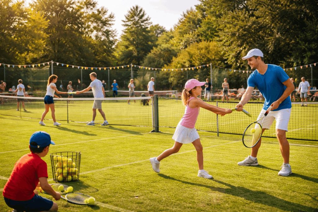 Community tennis event on grass courts