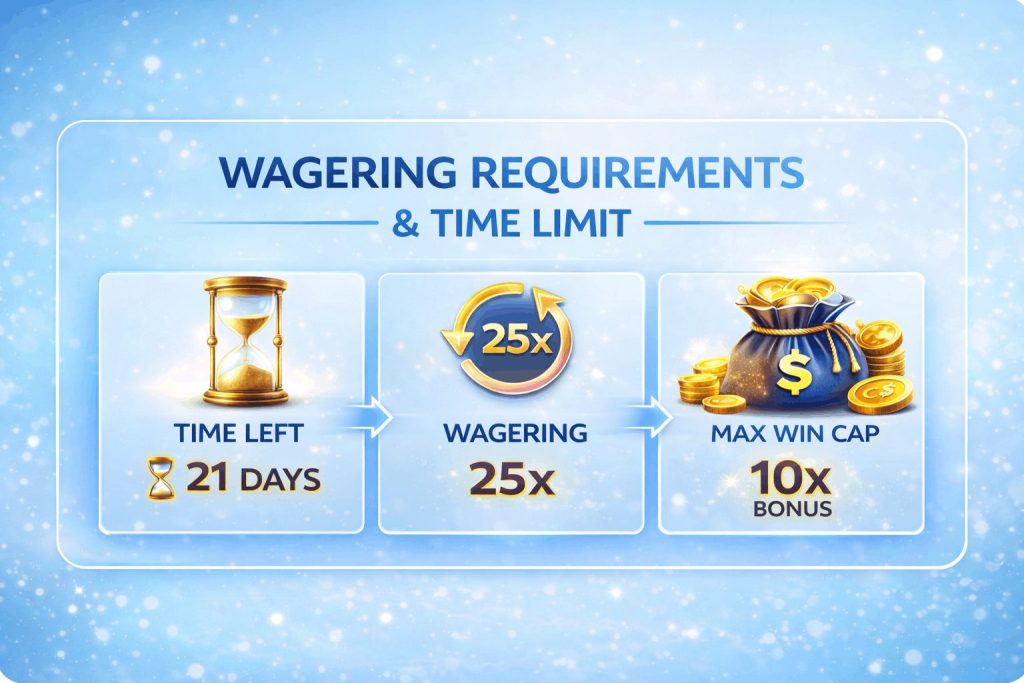 Slotimo casino welcome bonus - wagering requirements including 25x rollover, 21 day time limit and 10x maximum win cap