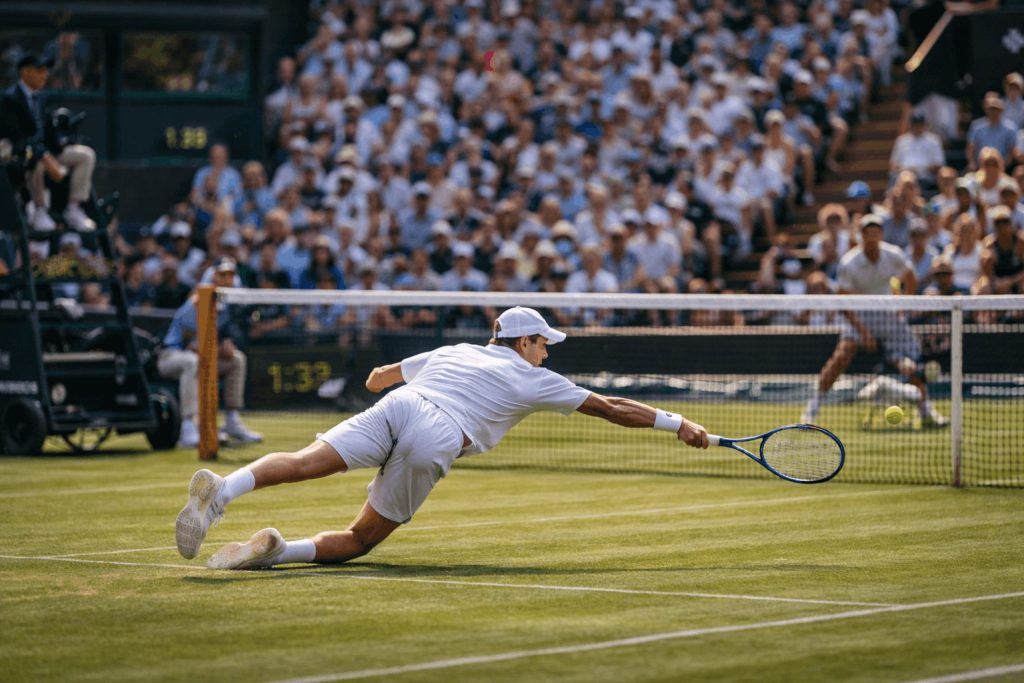 Tennis player diving for a difficult shot on a grass court 
