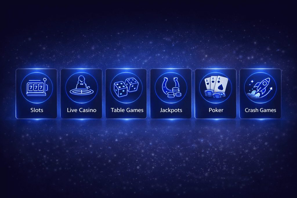 Slotimo Spieleübersicht mit Slots, Live-Casino, Tischspielen, Jackpots und Poker-Kategorien