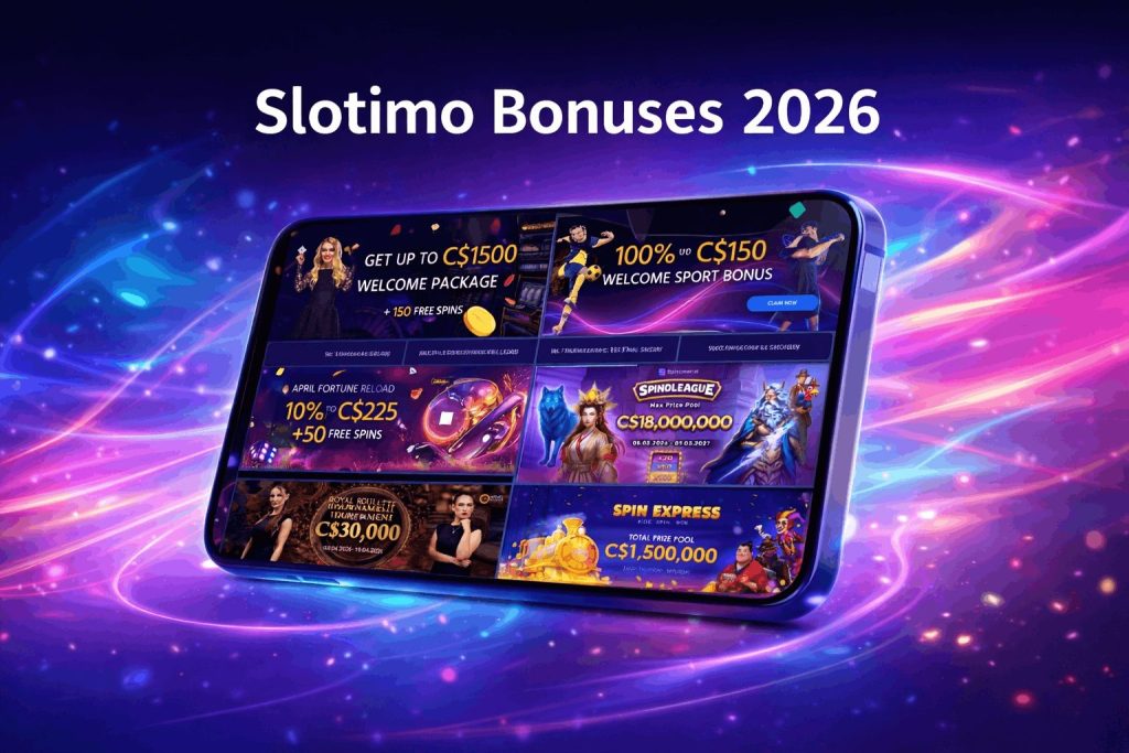 Slotimo bonuses and promo offers displayed on mobile screen with casino promotions and tournaments