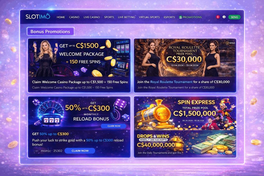 Slotimo Casino Bonus-Aktionen einschließlich Willkommenspaket, Reload-Bonus und Drops and Wins Angeboten