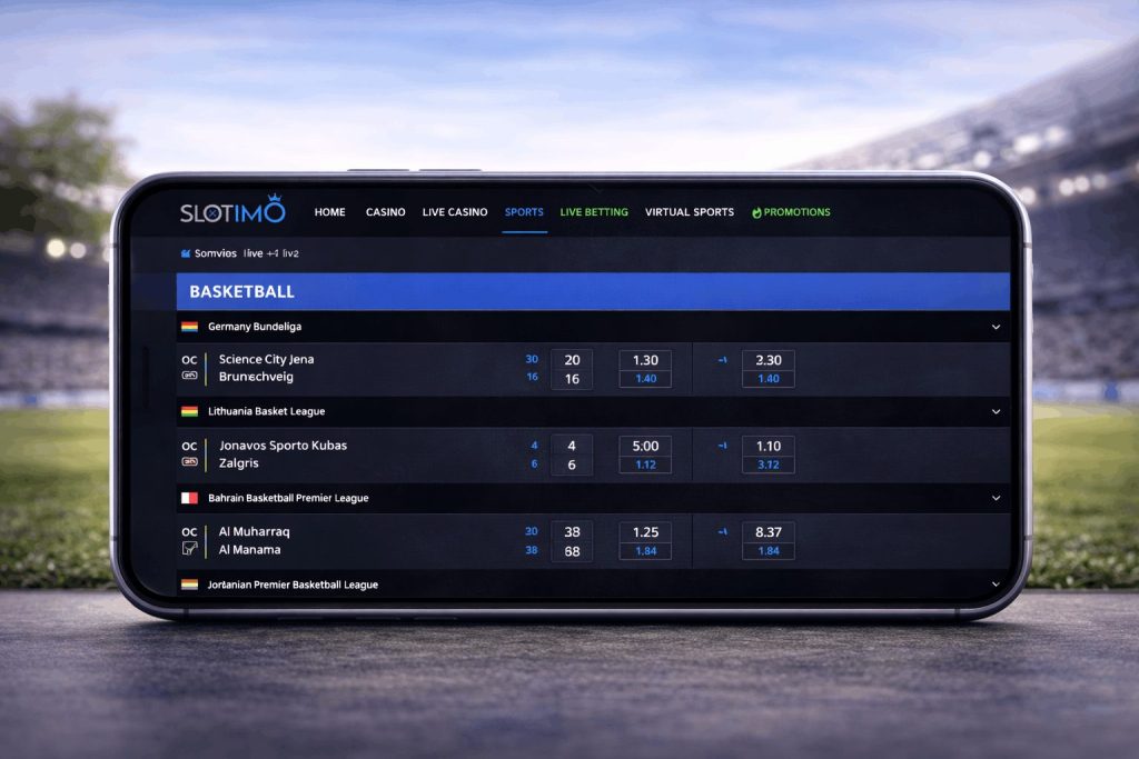Slotimo Mobile-Wettplattform mit Live-Basketball-Quoten und Echtzeit-Wettmärkten auf dem Smartphone