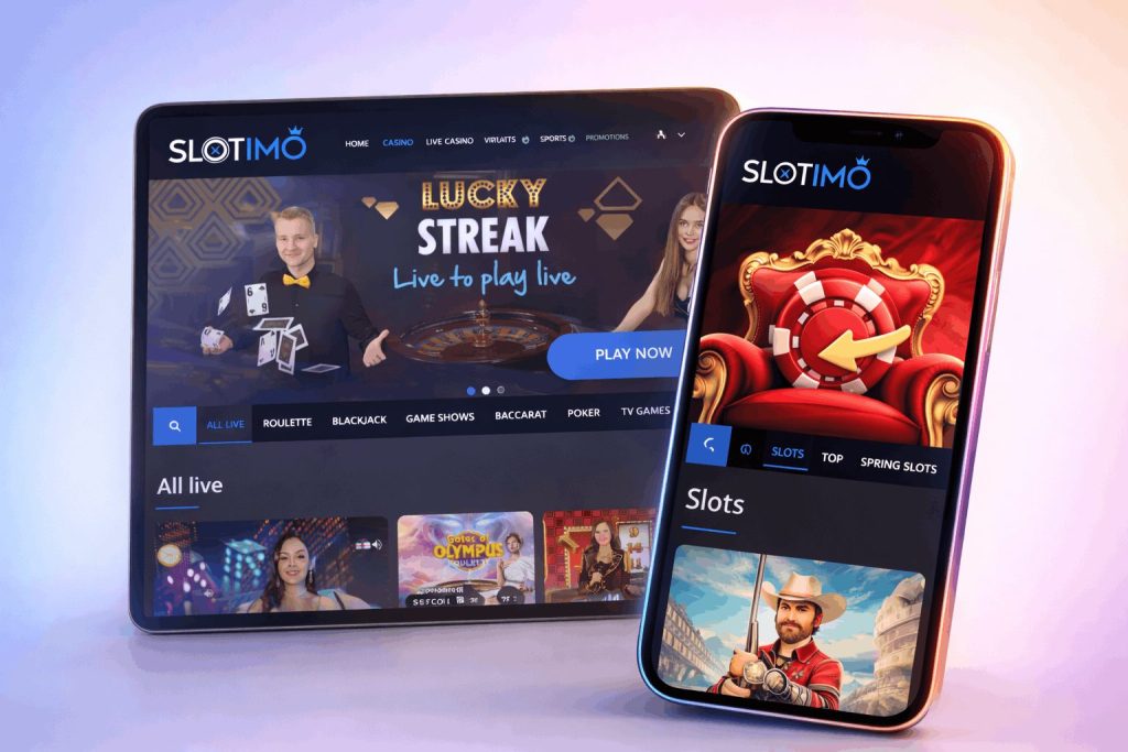 Slotimo mobile app interface displayed on smartphone and iPad
