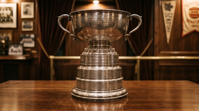 Antique Stanley Cup trophy resting on a polished table