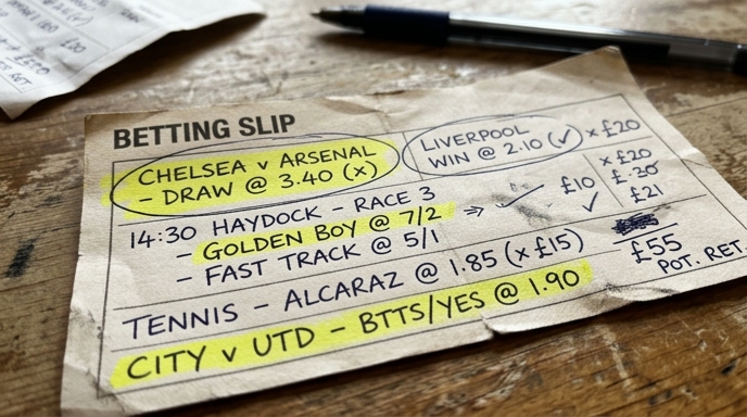 A betting slip with handwritten notes and odds highlighted