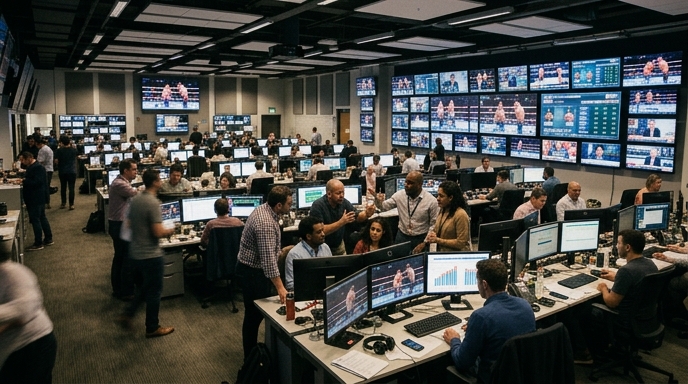 Wide shot of a boxing news room in action