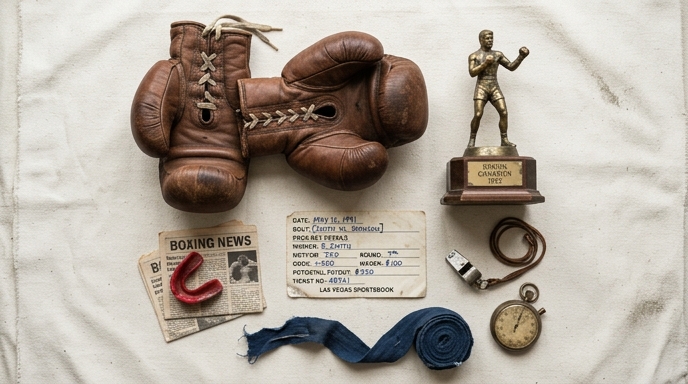 Flat lay of boxing-themed items related to prop bets