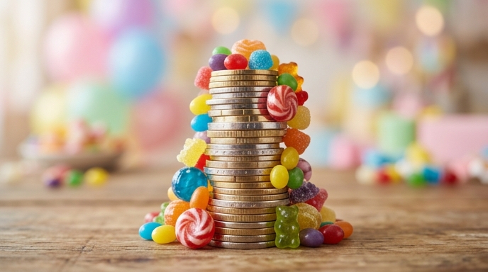 Stacks of coins mixed with candy