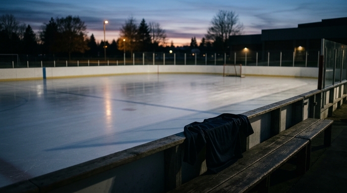 An almost empty ice rink with a lone dark horse team practice jersey on the bench