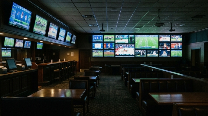 Empty betting lounge with screens showing sports