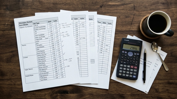 Flat lay of betting odds on a table with a calculator