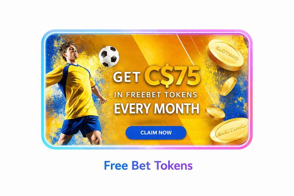 Slotimo free bet tokens offering up to C$75 monthly for sports betting players in Canada