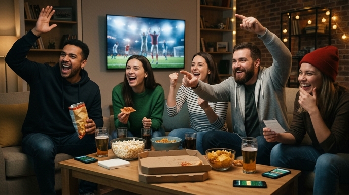 Friends gathered around a television watching sports