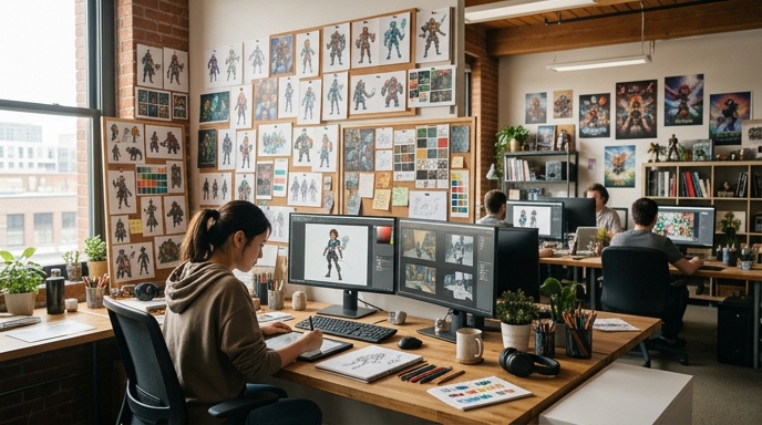 Kreatives Arbeitsumfeld eines Spieleentwicklungsstudios