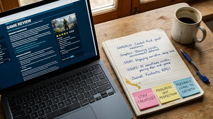 A close-up of handwritten notes and a laptop open to an online review site, capturing personal reflections on the game