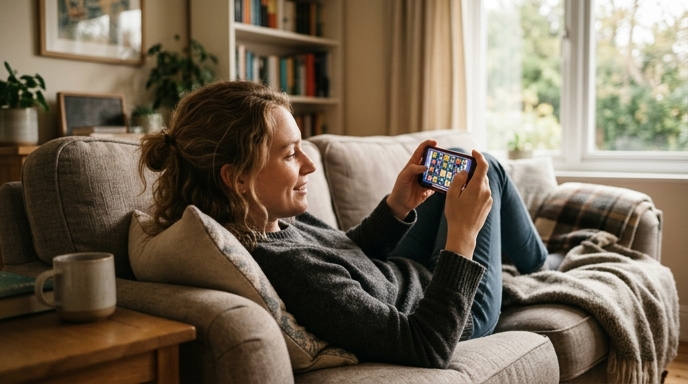 Natural moment of a person using a mobile phone