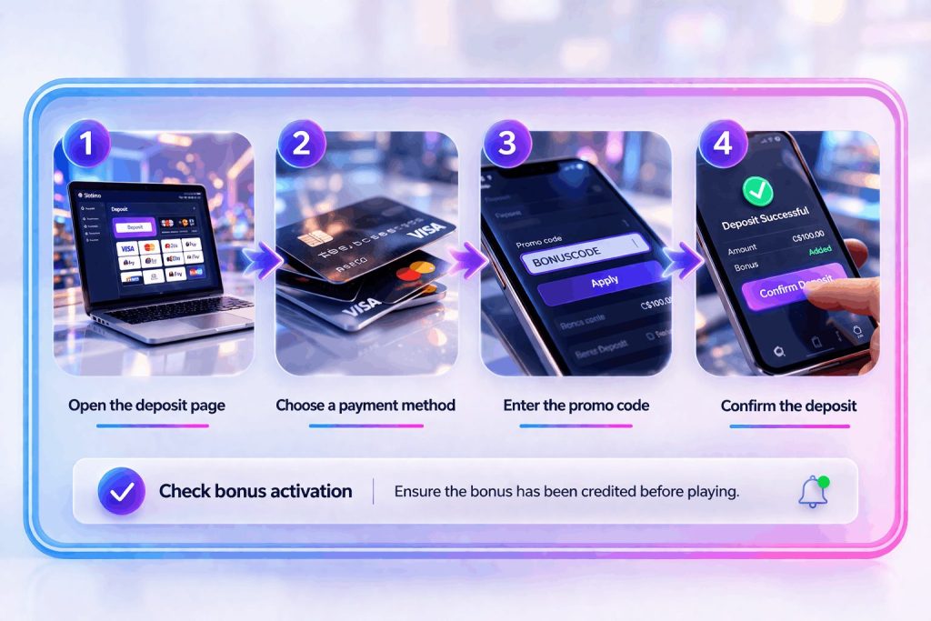 Slotimo bonus code application steps shown with realistic interface screens for deposit, payment selection, promo code entry, and successful bonus activation
